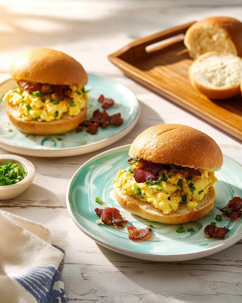 Two breakfast sandwiches sit on separate white plates with a light turquoise swirl pattern, placed on a wooden table with a white marbled texture. Each sandwich has three visible layers: a soft golden-brown bun top slightly tilted, a creamy yellow scrambled egg layer mixed with small green herbs, and dark crispy bacon pieces scattered on the eggs and around the plates. The sandwich bottoms are toasted buns with a golden crust. Some chopped green onions are sprinkled around on the plates and table, adding a fresh touch. A wooden tray in the background holds a small white bowl with a spread and half a bun with green garnish on top. The scene is warmly lit with natural sunlight. Photo taken with an iphone --ar 4:5 --v 7