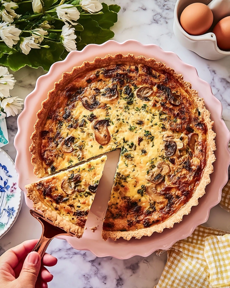 A golden-brown quiche with a scalloped edge crust sits on a pale pink serving plate. The quiche has a rich, textured filling showing browned bits of herbs and vegetables throughout. A woman's hand holding a shiny copper pie server lifts a single slice from the quiche, revealing a creamy interior with visible herbs and soft bits. Surrounding the plate are a bowl of eggs, a yellow checked plate, some leafy greens, and white flowers, all set on a white marbled surface. Photo taken with an iphone --ar 4:5 --v 7