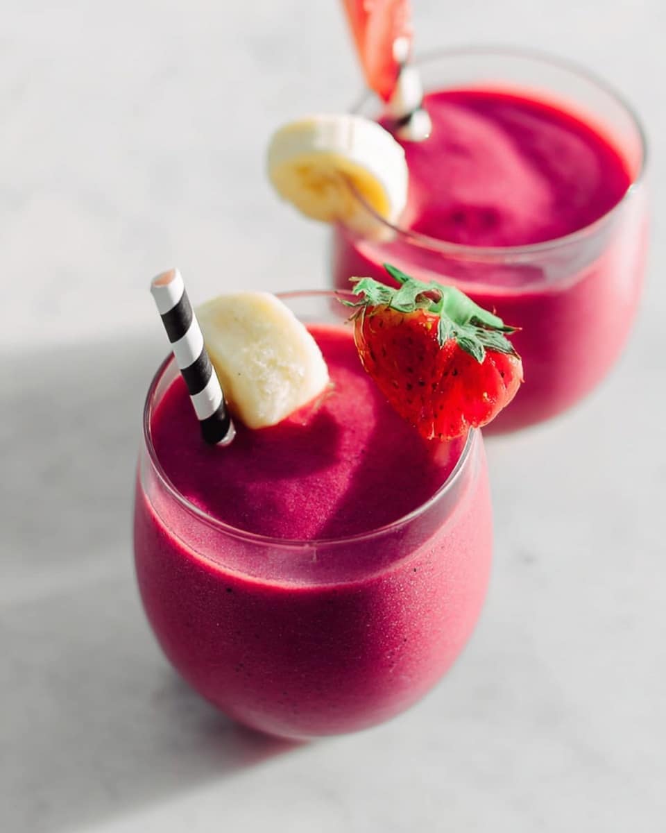 Two clear glasses filled with a thick, smooth, bright magenta smoothie. Each glass has one black and white striped straw placed in the middle. The right glass is garnished on the rim with a fresh red strawberry and a slice of banana. The background is a white marbled texture. photo taken with an iphone --ar 4:5 --v 7