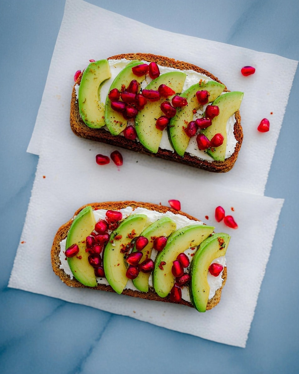Two slices of dark toasted bread lie on white cloths on a white marbled surface. Each slice is topped with a layer of soft white cheese. On top of the cheese, there are four curved slices of fresh light green avocado, arranged in a row. Bright red pomegranate seeds are sprinkled on the avocado and cheese, with a few seeds scattered around the slices. The colors of the avocado and pomegranate create a fresh and colorful contrast against the white cheese and dark toast. photo taken with an iphone --ar 4:5 --v 7