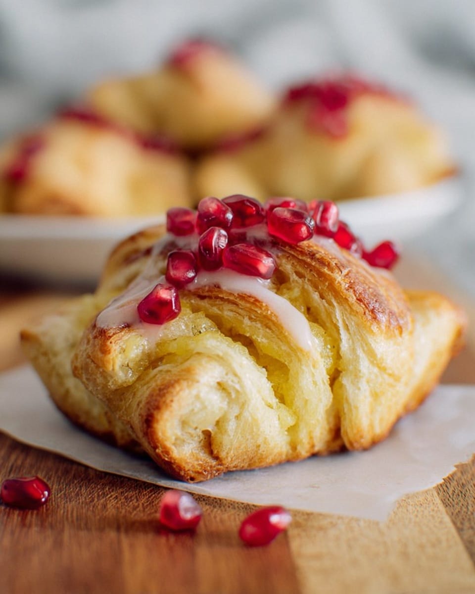 A close-up view of a single pastry sitting on a white parchment paper on a wooden surface, featuring multiple flaky golden-brown layers that are thick and slightly crisp on the outside, with a soft pale cream interior visible in the middle. The top of the pastry is drizzled with a light, creamy glaze that adds a shiny texture, and it is garnished with bright red, glossy pomegranate seeds scattered on and around it. In the background, more similar pastries are arranged on a white plate, all resting on a white marbled texture. photo taken with an iphone --ar 4:5 --v 7