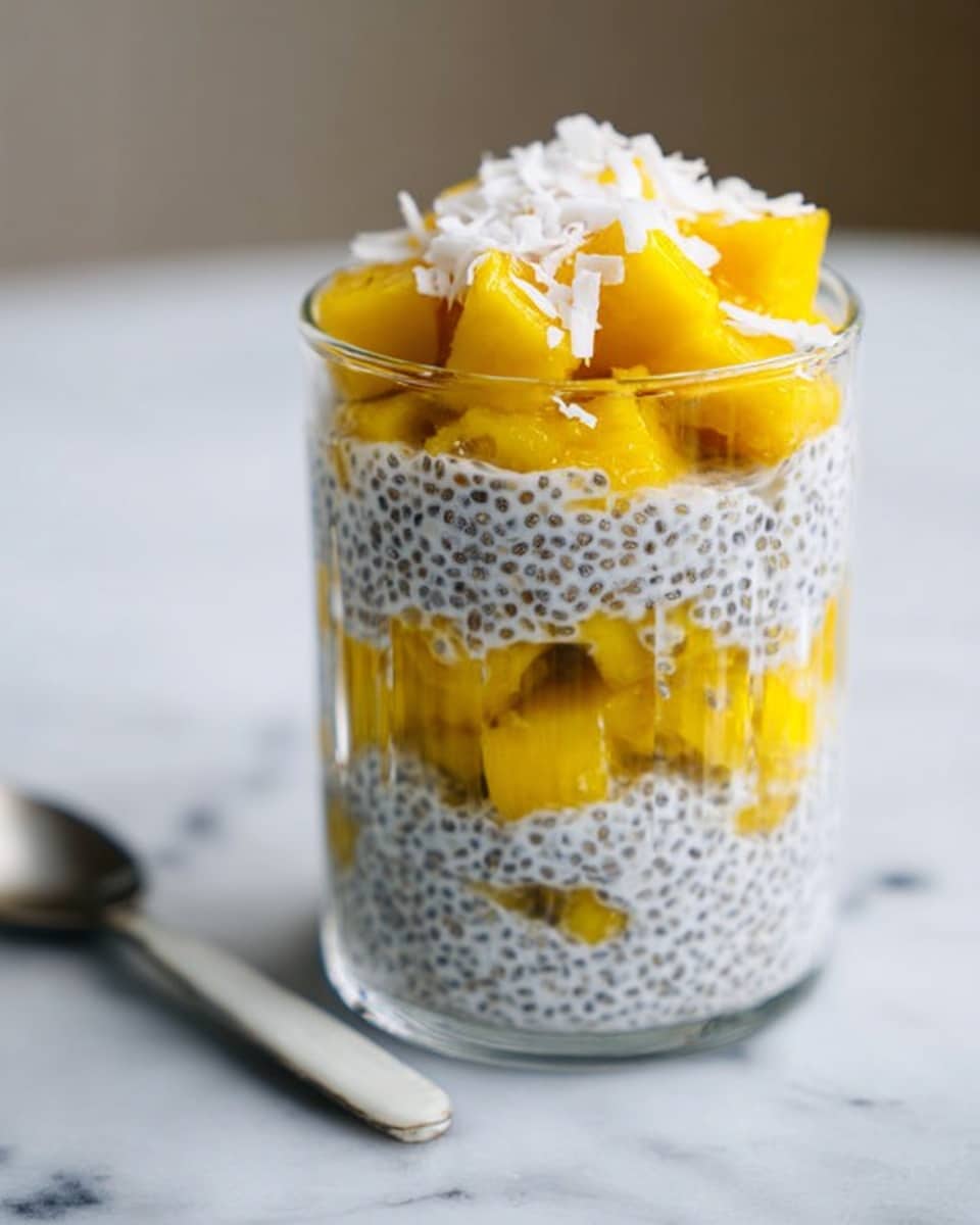 The image shows a clear glass filled with four layers of food, alternating between diced yellow mango pieces and white chia pudding with visible small black chia seeds. The bottom layer is chia pudding, followed by a layer of mango cubes, then another layer of chia pudding, and topped with a final layer of mango cubes and shredded coconut. The glass is placed on a white marbled surface, and there is a spoon with a white handle resting in the background on the right side. The lighting is soft and natural, highlighting the bright yellow mango and creamy white pudding. photo taken with an iphone --ar 4:5 --v 7