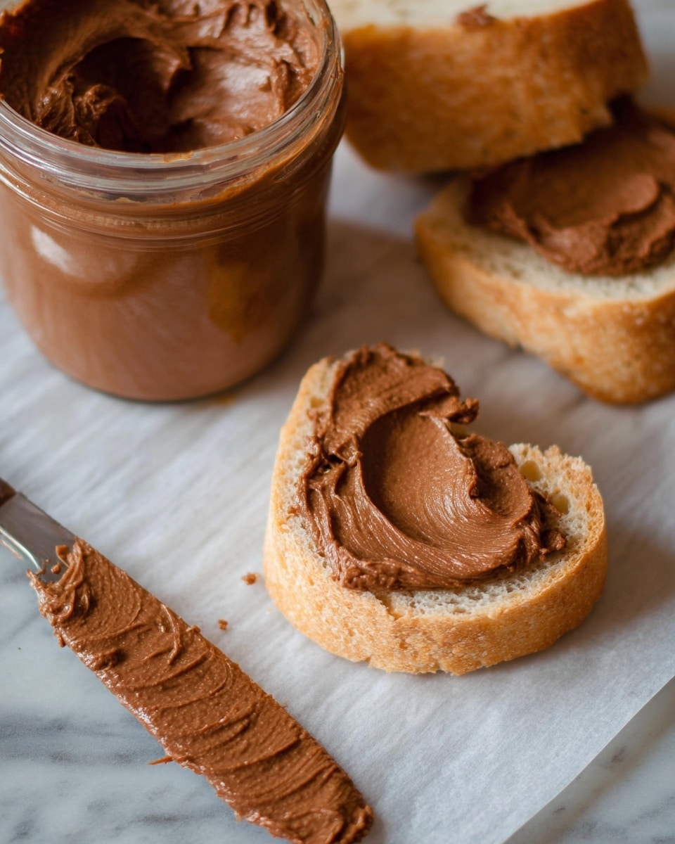 The image shows three small pieces of bread spread with thick, smooth brown nut butter. One piece is in the front, fully covered with the nut butter, showing some texture from the spreading. Behind it, another piece is spread in a similar way but placed slightly to the left. A third piece is partially visible near the top left, also with the brown spread. In the background, a clear glass jar filled with more of the brown spread sits on a wooden surface, with some spread clinging to the jar’s mouth. In front of the jar, there is a knife smeared with the spread lying horizontally on a white parchment paper. The whole setup is on a white marbled textured surface. photo taken with an iphone --ar 4:5 --v 7