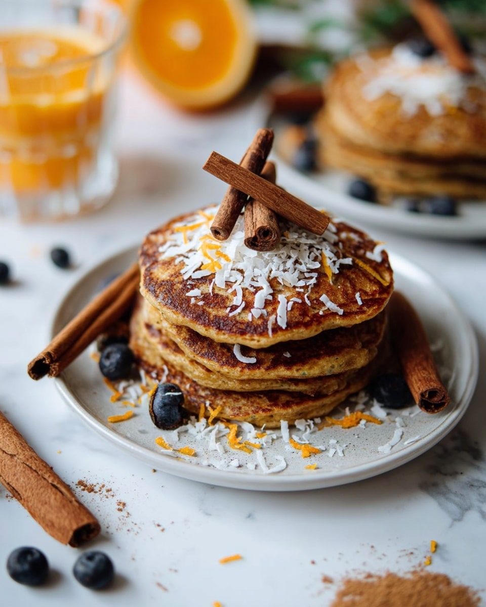A stack of five golden-brown pancakes sits in the center of a white plate with a thin dark rim, placed on a white marbled surface. The pancakes have a slightly rough texture, topped with a sprinkle of white shredded coconut, bright orange zest, small dark cloves, and two cinnamon sticks placed diagonally next to the stack. Around the plate, there are scattered dark blueberries, a whole nutmeg, and an orange slice at the edge. The lighting is soft, creating a warm and inviting mood. Photo taken with an iphone --ar 4:5 --v 7