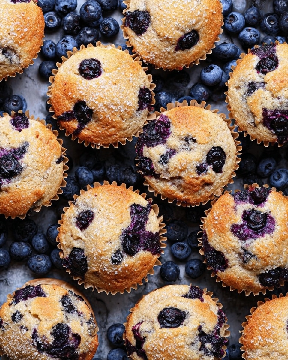 The image shows a group of blueberry muffins arranged closely together on a bed of fresh blueberries, which form a deep blue base layer with a smooth, slightly shiny texture. Each muffin has a golden-brown top layer with visible baked blueberries embedded, their dark purple and almost black colors contrasting against the warm dough. The muffins have a soft, slightly crumbly texture with some visible sugar crystals on top. The muffins vary slightly in size, and a few are turned on their side, showing the vertical ridged sides of the baked dough. The whole scene rests on a white marbled textured surface. photo taken with an iphone --ar 4:5 --v 7