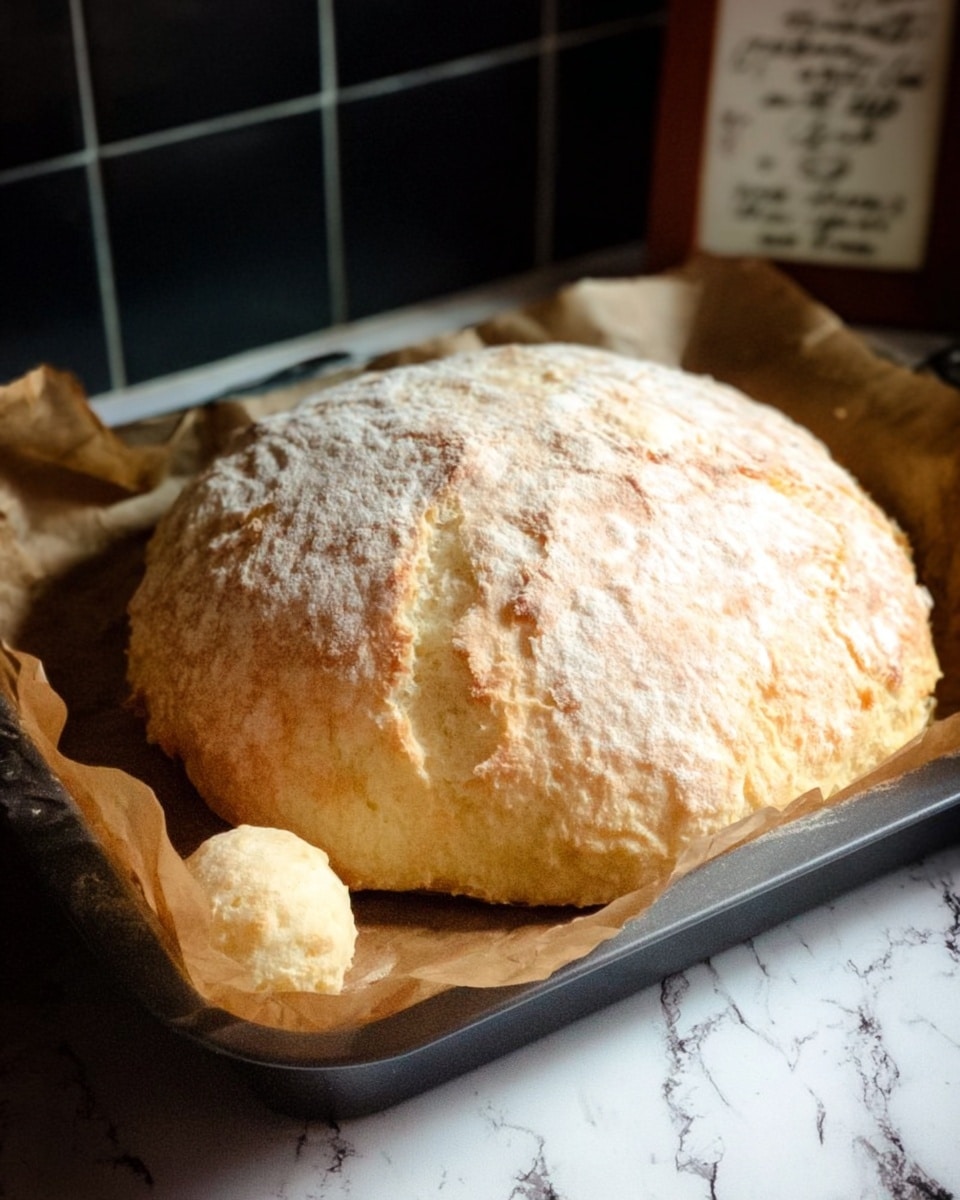 A large, round loaf of homemade bread with a rustic, lightly flour-dusted crust sits on parchment paper inside a silver baking tray. The bread has a rough, uneven texture on top with small cracks and a slightly golden tint near the edges, showing it is freshly baked. Beside the loaf, there is a small round dough ball that is smooth and pale yellow in color. The tray rests on a surface with a white marbled texture, and in the background, dark blue tiles are visible. photo taken with an iphone --ar 4:5 --v 7