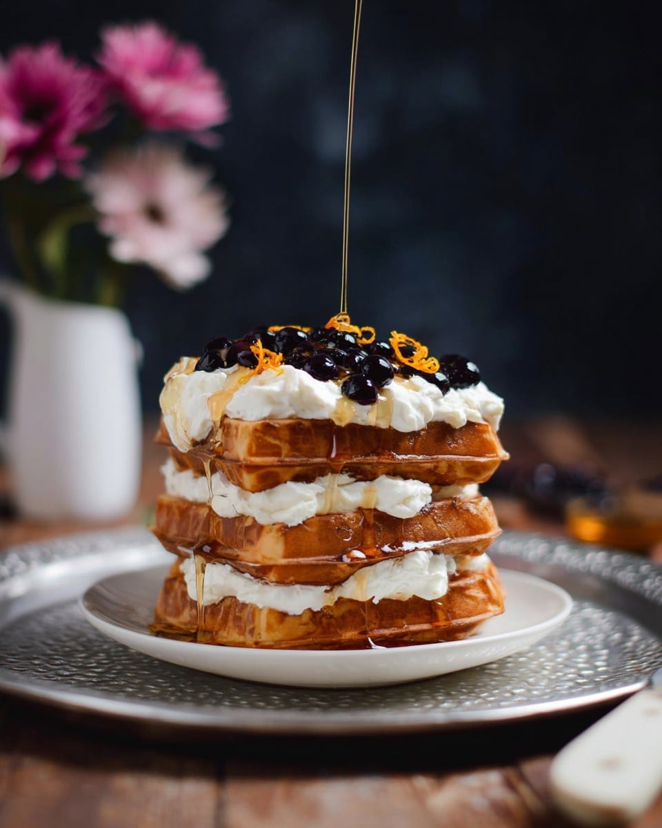 A stack of three thick, golden-brown waffles sits on a white plate with a subtle pattern, placed on a textured metal tray over a wooden table with a white marbled background. Between each waffle layer, there is a generous spread of white cream that looks smooth and fluffy. On top, more white cream is heaped, with a handful of glossy blueberries and orange zest scattered over it. A stream of light brown syrup is being poured down, glistening as it drips over the waffles and cream, adding a shiny finish. Photo taken with an iphone --ar 4:5 --v 7