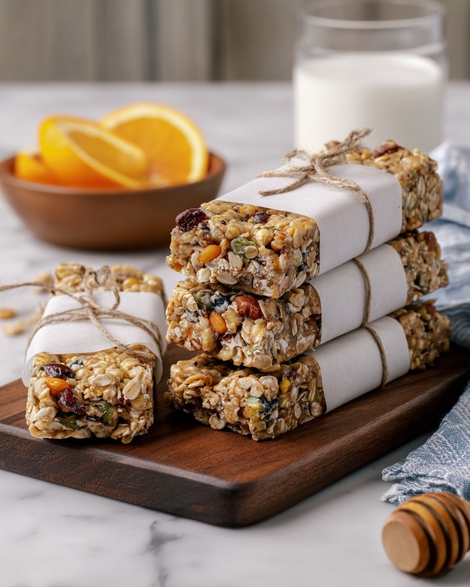 A wooden board holds seven rectangular granola bars with a golden-brown, nutty texture mixed with visible pieces of nuts and dried fruits. Each bar is wrapped around the middle with a piece of white parchment paper secured by a thin brown string tied in a bow. In the background, there is a white marbled surface with a white bowl filled with orange slices, a glass of milk to the left, and a glass jar filled with nuts slightly blurred. A blue and white striped cloth lies beneath the right side of the board. The photograph is warm and inviting, focusing closely on the textured granola bars. Photo taken with an iphone --ar 4:5 --v 7
