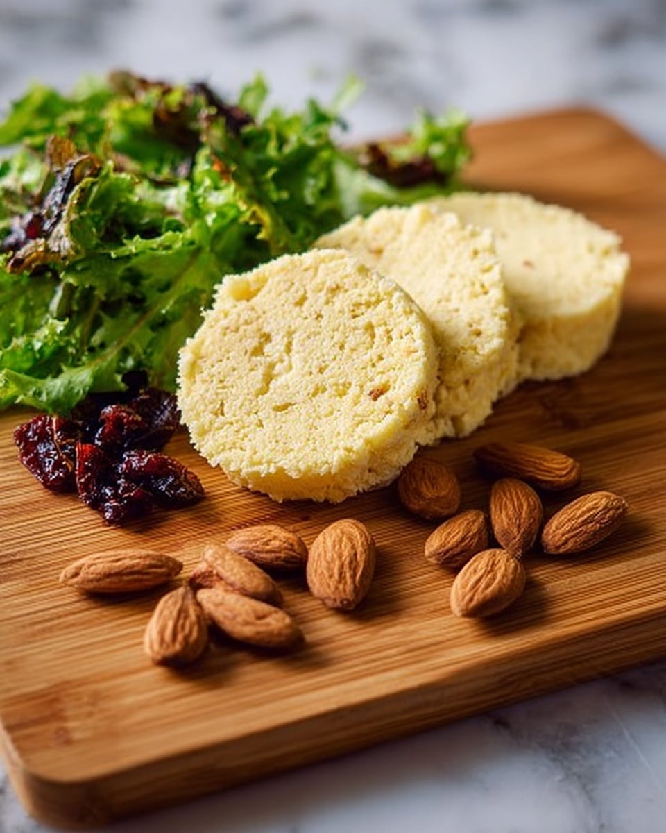 The image shows three slices of soft, light beige couscous arranged in a row on a wooden cutting board. To the left side of the couscous, there is a small pile of mixed green salad leaves, including light green curly lettuce and some darker greens, with bits of sun-dried tomatoes mixed in. Around the couscous on the board, there are whole almonds scattered in a random pattern. The background features a smooth white marbled texture. Photo taken with an iphone --ar 4:5 --v 7