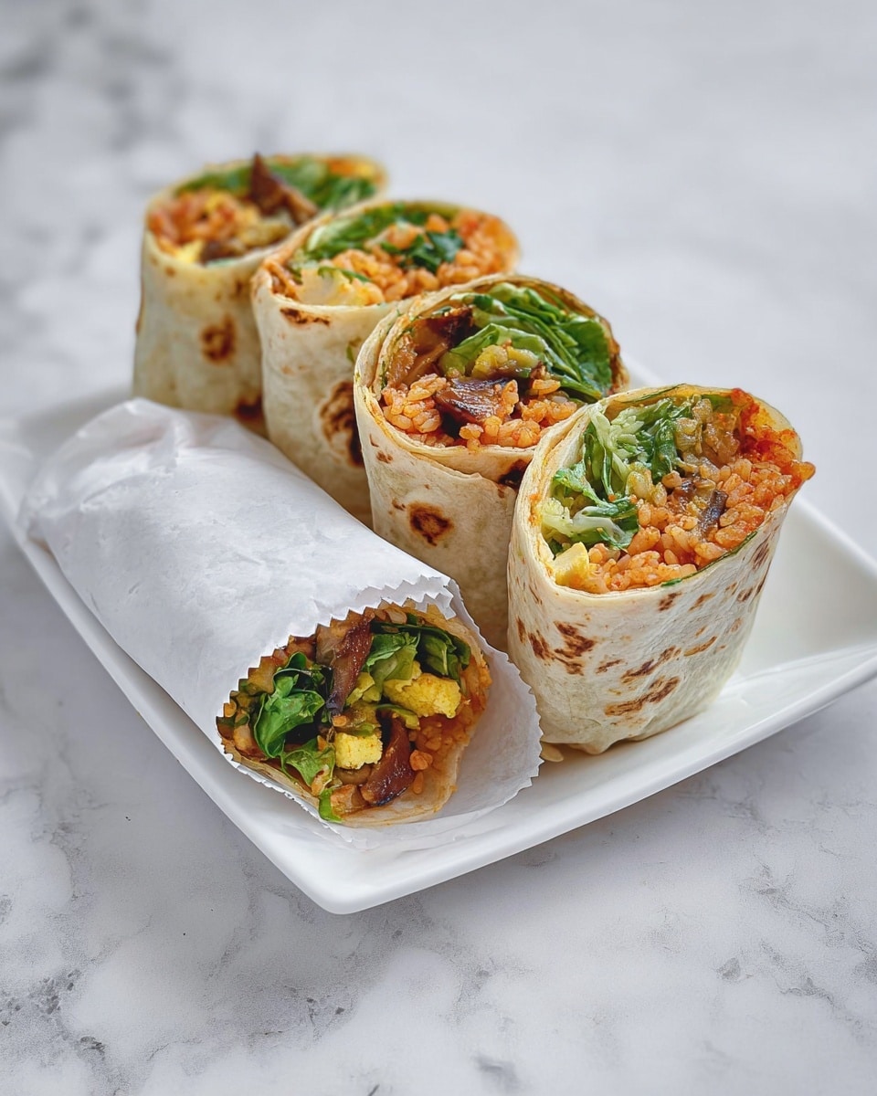 The image shows four cut pieces of a wrap placed inside a white rectangular dish on a white marbled texture. Each wrap piece has three visible layers: an outer light beige tortilla with brown grill marks, a middle layer of red-orange rice mixed with small chunks of scrambled yellow eggs, and an inner layer of fresh green leafy vegetables. One wrap piece is partially wrapped in white paper with a jagged edge, showing the colorful filling inside. The overall look is fresh and neatly arranged with vibrant colors against a clean white background. photo taken with an iphone --ar 4:5 --v 7