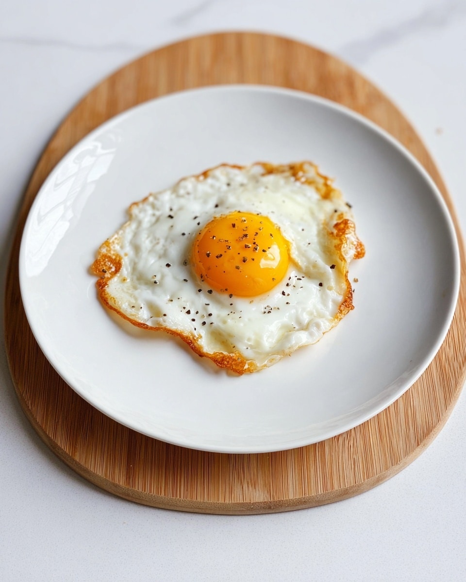 A single fried egg is centered on a large white plate, which rests on a wooden cutting board. The egg has a bright yellow yolk in the middle with a small white spot on top and a slightly crispy, golden-brown edge surrounding the smooth, white cooked egg white. There are small black pepper specks scattered lightly on the egg white near the yolk. The cutting board is placed on a white marbled surface. photo taken with an iphone --ar 4:5 --v 7