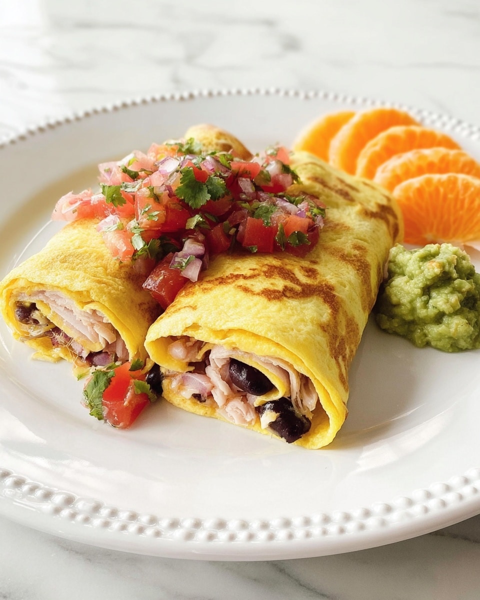 A white square plate holds two folded yellow egg omelets filled with layers of thin white turkey slices, crispy bacon, melted cheese, and bits of diced tomato and onion, topped with chunky red salsa and small green herbs. Behind the omelets, there is a dollop of green guacamole. To one side of the plate, several bright orange tangerine segments are neatly placed. The plate sits on a white marbled surface. photo taken with an iphone --ar 4:5 --v 7