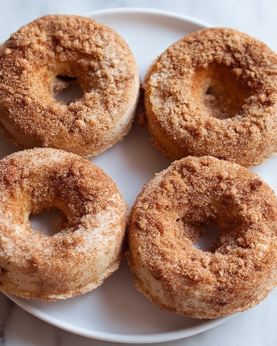 Four baked doughnuts rest on a large white plate set on a white marbled surface. Each doughnut has a rough texture with a light brown color and is covered with a grainy coating of cinnamon sugar, giving a slightly uneven, crumbly look. The doughnuts are close together, showing their soft and dense baked texture with small air pockets visible on their surface. The lighting highlights the sugar crystals and the golden-brown tones of the doughnuts. Photo taken with an iphone --ar 4:5 --v 7