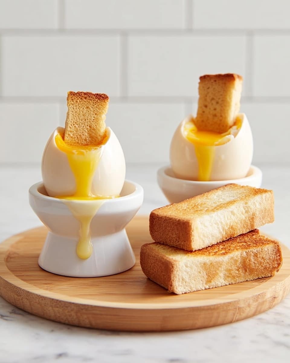 The image shows two soft-boiled eggs served in white egg cups on a wooden board. Each egg has the top cracked open, revealing bright yellow yolk that is flowing down the sides. A golden-brown toasted bread strip is dipped into the yolk of each egg, standing upright. Around the egg cups, there are extra toasted bread sticks, crunchy and well browned. The background consists of a white marbled texture with white tiles behind. Photo taken with an iphone --ar 4:5 --v 7