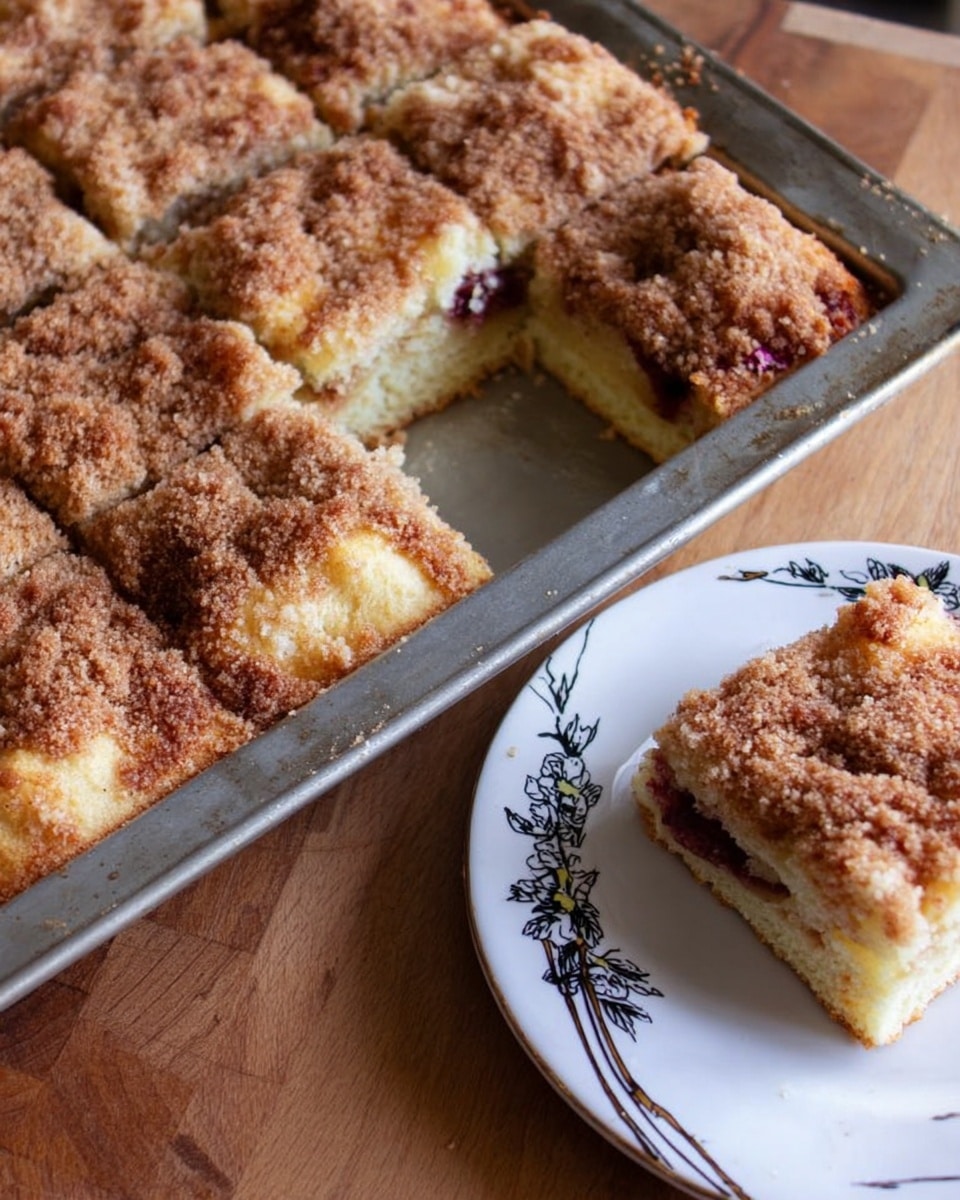 This image shows a square piece of cinnamon coffee cake with a golden brown crumbly top layer speckled with darker cinnamon spots. The cake is cut into squares in a metal baking pan, revealing a soft, light yellow inside layer beneath the cinnamon crust. One square piece is placed on a white plate with gray and black patterns, showing the thick top crumb layer and soft cake base. The plate is on a light brown wooden surface next to the pan. photo taken with an iphone --ar 4:5 --v 7