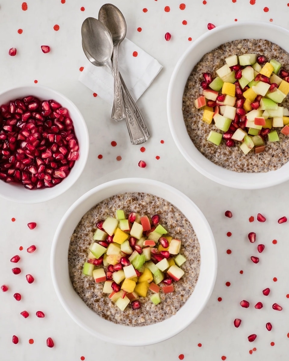 Three white bowls each contain a base layer of creamy, beige chia pudding mixed with darker chia seeds. On top of this is a colorful mix of diced green apple, yellow mango, pale cucumber, and bright red pomegranate seeds, creating a fresh and vibrant contrast. To the left, a small white bowl holds extra shiny red pomegranate seeds. Two vintage silver spoons lie crossed below the bowls on a white marbled surface scattered with small red dots resembling pomegranate seeds. The lighting is soft and natural, giving the scene a clean and fresh look. photo taken with an iphone --ar 4:5 --v 7