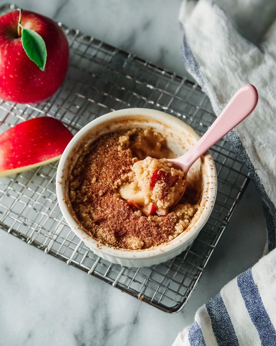 A white ramekin filled with a light brown baked apple dessert topped with a dusting of cinnamon powder at the center; a pink spoon is inserting into the dessert, showing a moist, soft texture inside with small apple pieces. The ramekin sits on a wire cooling rack placed on a white marbled surface. To the left is a whole red apple and to the top right of the ramekin is a slice of red apple resting on the rack. A white cloth with dark blue stripes is partially visible on the right side. Photo taken with an iphone --ar 4:5 --v 7