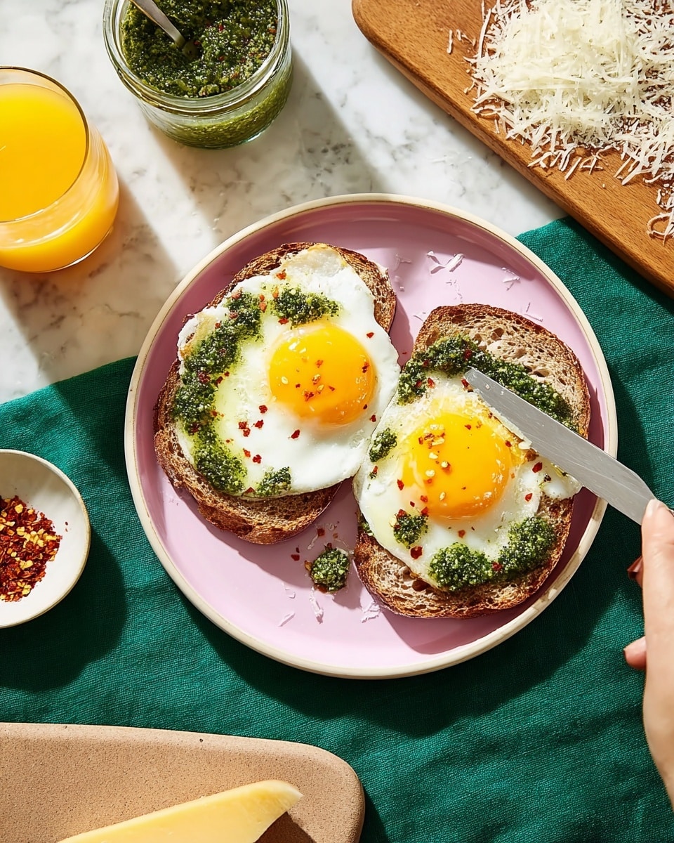 Two slices of toasted bread lay side by side on a light pink plate, each topped with a fried egg with bright yellow yolks and white edges. A green pesto sauce is spread unevenly over the egg whites, with small bits clinging to the yolks. Red chili flakes are sprinkled over the eggs for a touch of color. The plate sits on a dark green cloth, which rests on a white marbled surface. To the left, a woman's hand holds a fork and knife poised to cut one egg. Nearby, a glass of orange juice, a jar of green pesto, a small white bowl with red chili flakes, and a wooden cutting board with grated cheese add detail to the scene. Photo taken with an iphone --ar 4:5 --v 7