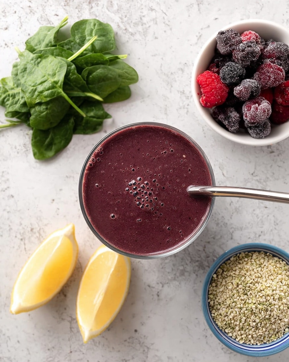 A tall clear glass filled with a dark purple smoothie with small bubbles on top and a silver metal straw in it is placed at the center of a white marbled surface. Below the glass, there are two lemon wedges with a yellow color and smooth texture. To the right of the glass, a small clear bowl holds a mix of dark purple and bright red berries on top, showing different round and slightly rough textures. Next to the berries, a small white bowl contains off-white seeds with a grainy texture. Behind the glass, fresh spinach leaves in various shades of green with visible veins are laid out, adding a natural, leafy background. Photo taken with an iphone --ar 4:5 --v 7