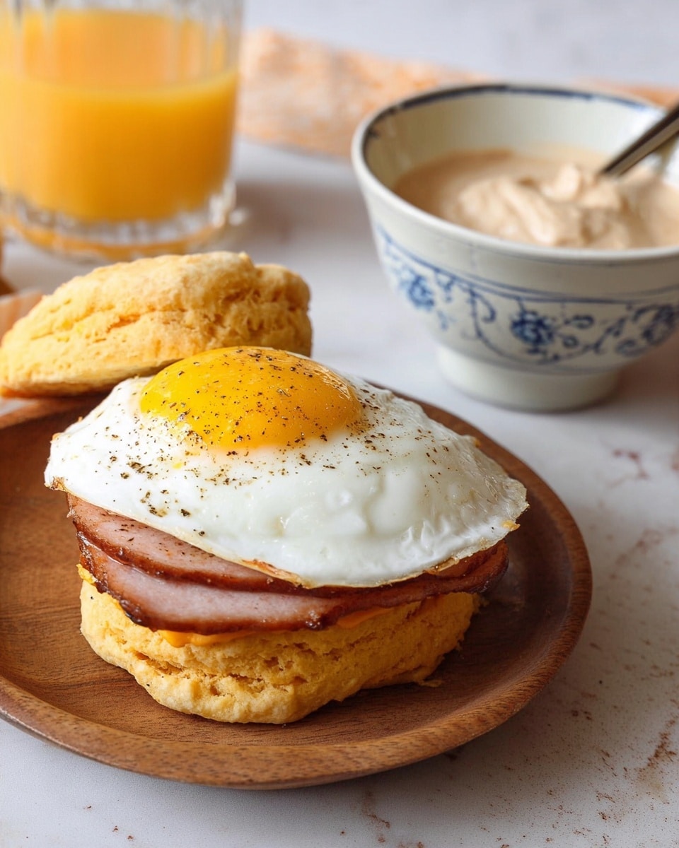 The image shows a breakfast sandwich on a white plate with a wooden texture look. The sandwich has three layers: the bottom layer is a golden brown biscuit with a rough texture, the middle layer is a thick piece of ham with a browned, cooked surface, and the top layer is a fried egg with a bright yellow yolk and white edges speckled with black pepper, slightly hanging over the biscuit. Next to the sandwich is the top half of the biscuit, slightly cracked and placed upright. Behind the plate, there is a glass of orange juice and a white bowl with a blue swirl pattern filled with a light beige spread. The whole scene is set on a white marbled surface. Photo taken with an iphone --ar 4:5 --v 7