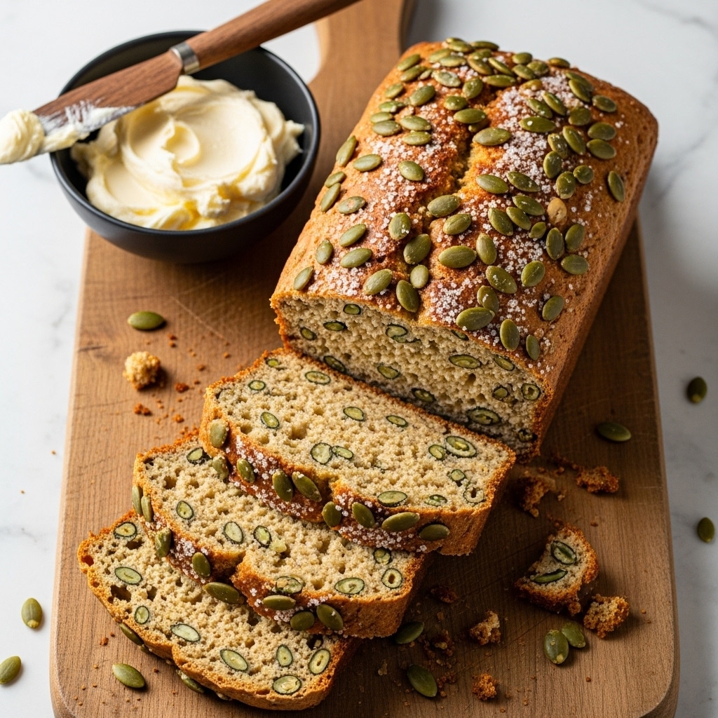 The image shows a loaf of sliced brown bread that has a rough texture and some seeds embedded inside the crust and scattered on top, sprinkled with white sugar crystals on the crust. The bread is next to a small dark bowl filled with a thick, creamy, pale yellow spread and a dark wooden spreader resting across the bowl. The bread and bowl are placed on a wooden cutting board with crumbs and seeds scattered around. The background is a white marbled texture. photo taken with an iphone --ar 4:5 --v 7