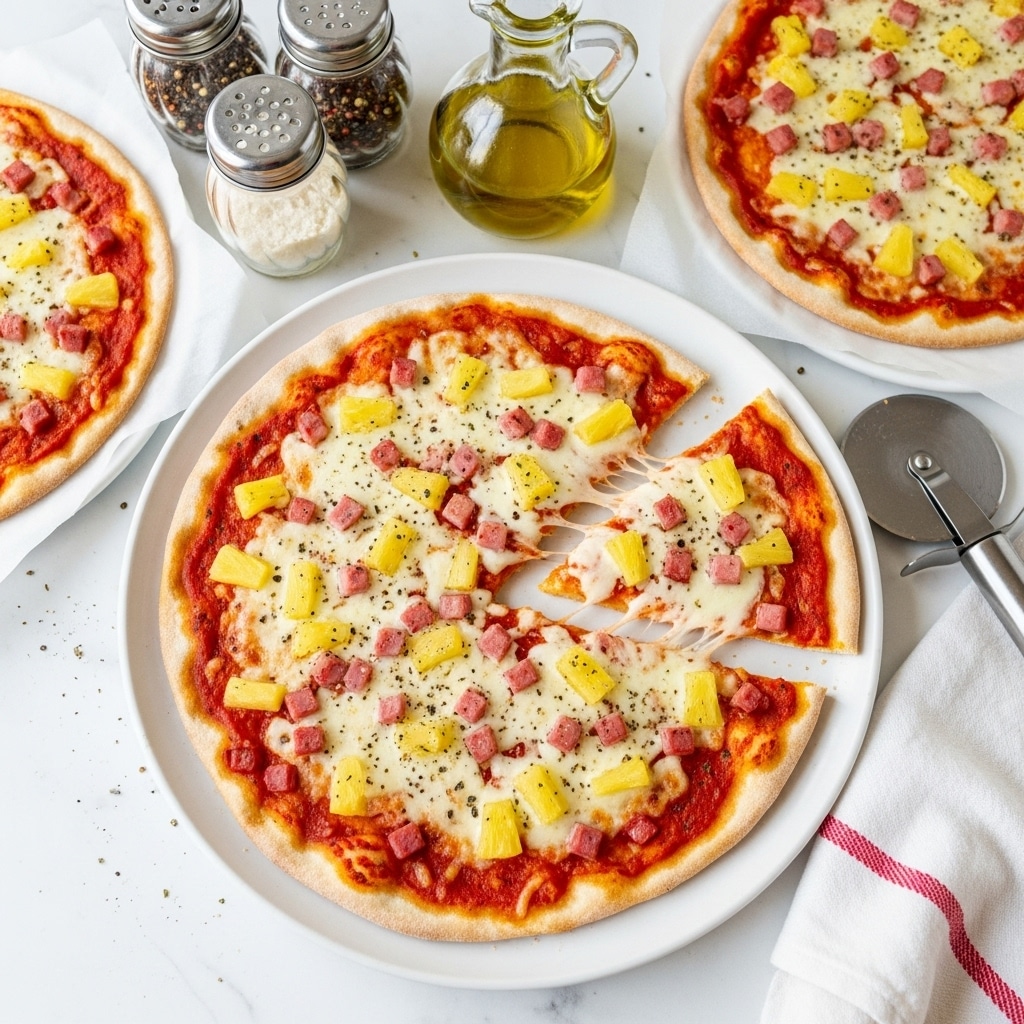The image shows three thin crust pizzas topped with tomato sauce, melted cheese, diced ham, and pineapple chunks. The main pizza on a white plate has four slices, with one slice slightly pulled away, revealing gooey melted cheese stretching between slices. The pizza crusts are light brown and slightly textured. The background is a white marbled texture with a clear glass olive oil jar, salt and pepper shakers, a pizza cutter with a wooden handle, and a white cloth with red stripes nearby. photo taken with an iphone --ar 4:5 --v 7