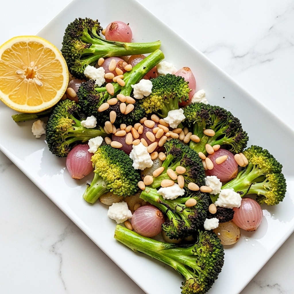 A white rectangular plate filled with several layers of bright green broccoli florets, some light char marks visible adding texture. Among the broccoli, pale pink shallot halves are scattered, alongside small white crumbly cheese chunks and toasted pine nuts with a light brown color. A lemon half with a yellow rind and pale yellow flesh sits on one corner of the plate. The plate is set against a white marbled surface. photo taken with an iphone --ar 4:5 --v 7