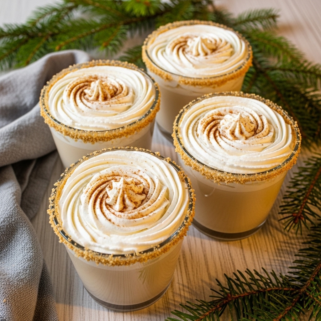 Four clear double-walled glasses each hold a creamy beige drink topped with a swirl of white whipped cream. The rims of the glasses are coated with a crumbly golden layer, and there is a light dusting of brown spice over the whipped cream. The glasses are placed on a white marbled texture with green pine branches in the background and a grey cloth to the side. photo taken with an iphone --ar 4:5 --v 7
