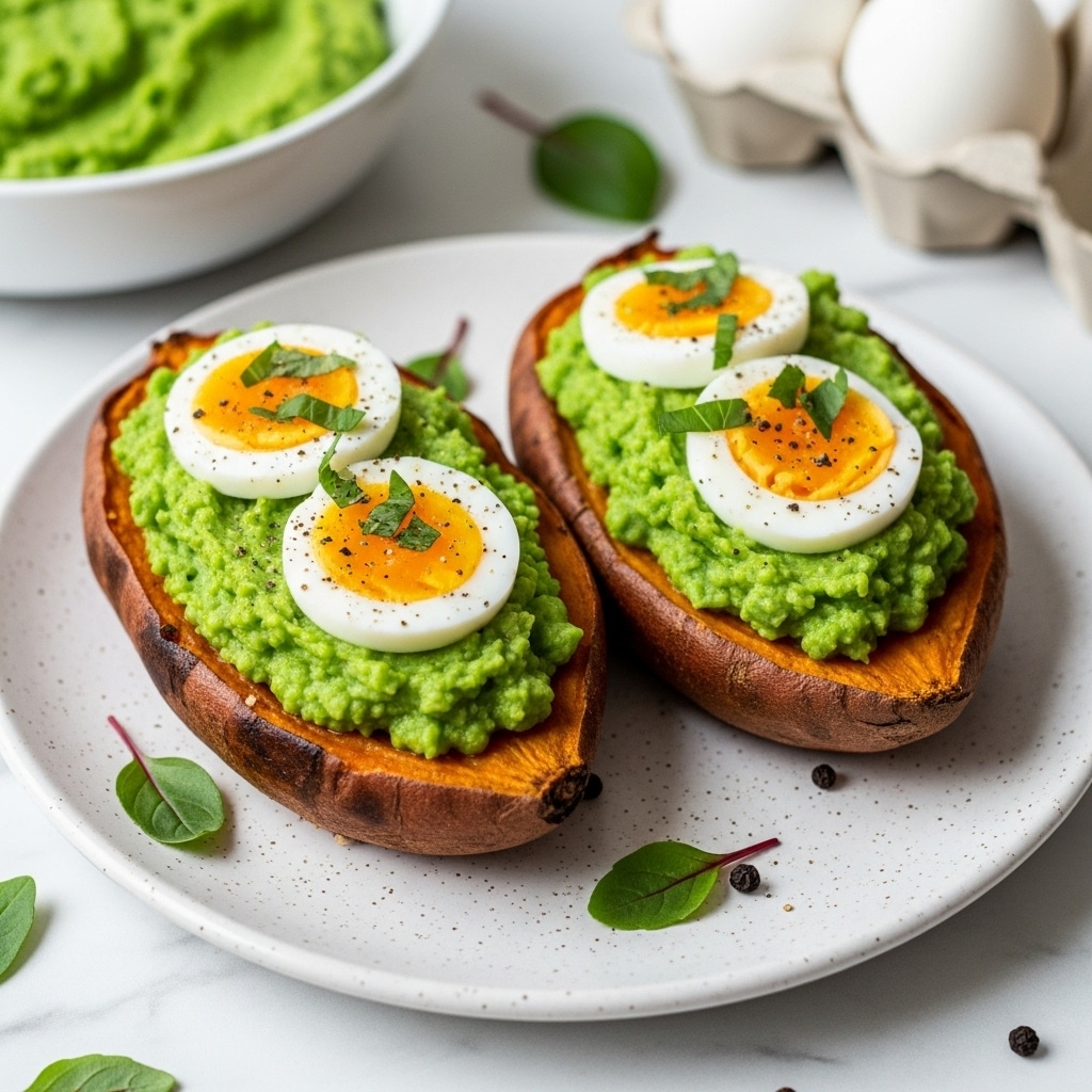 Two halves of roasted sweet potato sit on a white plate, each topped with a thick layer of bright green mashed avocado spread evenly. On top of the avocado, there are two slices of hard-boiled egg with creamy yellow yolks and white edges, sprinkled with small green herbs and a dash of seasoning. The sweet potato skin is a deep brown, slightly crisp, and the orange flesh inside looks soft and warm. The plate rests on a white marbled texture with scattered black pepper and green herb leaves around, and part of an egg carton is visible in the corner. photo taken with an iphone --ar 4:5 --v 7