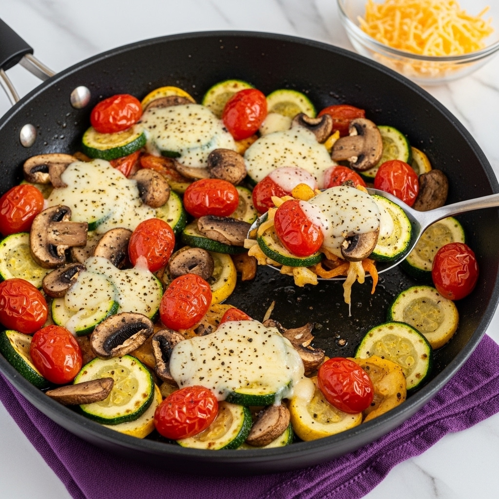 A black pan holds a colorful mixed vegetable dish with three main layers: at the base are cooked zucchini and yellow squash slices that are soft and slightly glazed; mixed in and on top are bright red cherry tomatoes that look juicy and partly cooked; scattered throughout are sliced brown mushrooms with a tender, cooked texture, all seasoned with black pepper. A metal spoon scoops a portion, showing the vegetables together with some melted cheese strands. The pan sits on a purple cloth, with some fresh tomatoes and a bowl of cheese shavings nearby. The background is a white marbled texture. photo taken with an iphone --ar 4:5 --v 7