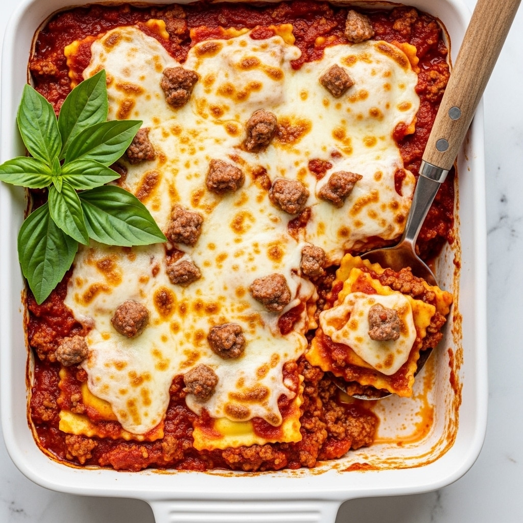 A close-up top view of a baked ravioli dish in a white rectangular baking dish, showing three clear layers: the bottom layer is golden brown ravioli covered in chunky red tomato meat sauce with visible bits of browned ground meat, the middle layer is melted white mozzarella cheese spread evenly with small browned spots and some orange oily places, and the top layer is sprinkled green parsley flakes with a few whole fresh basil leaves on one corner. A metal spoon with a wooden handle is scooping a serving, revealing the cheesy and meaty layers inside. The dish is placed on a white marbled surface with a white textured cloth beside it. Photo taken with an iphone --ar 4:5 --v 7