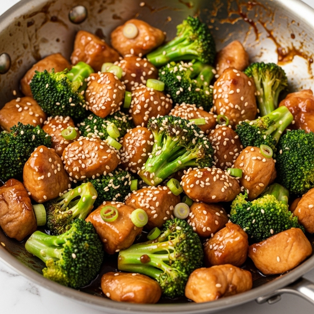 The image shows a close-up view of a dish in a white pan with pieces of cooked chicken and bright green broccoli florets evenly mixed in a thick, glossy dark brown sauce; the chicken chunks are golden and tender-looking, while the broccoli has a fresh, slightly crisp texture. Scattered on top are small white sesame seeds and thin green rings of scallions that add color contrast. The background is a white marbled surface, and the overall look is warm and appetizing with a rich, savory glaze coating each piece. Photo taken with an iphone --ar 4:5 --v 7