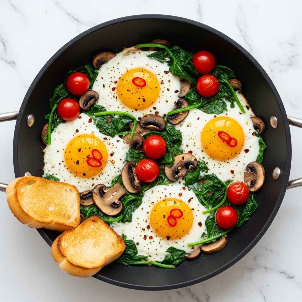 The image shows a skillet with four cooked eggs sunny side up, their bright yellow yolks surrounded by soft white egg whites. These eggs sit on a bed of cooked green spinach mixed with brown sautéed mushroom slices, creating a textured, leafy base. Small, shiny red cherry tomatoes are scattered evenly around the eggs and spinach. At the bottom edge of the skillet, two pieces of golden-brown toasted bread rest side by side, showing a crisp, crunchy texture. The background features a white marbled surface. photo taken with an iphone --ar 4:5 --v 7