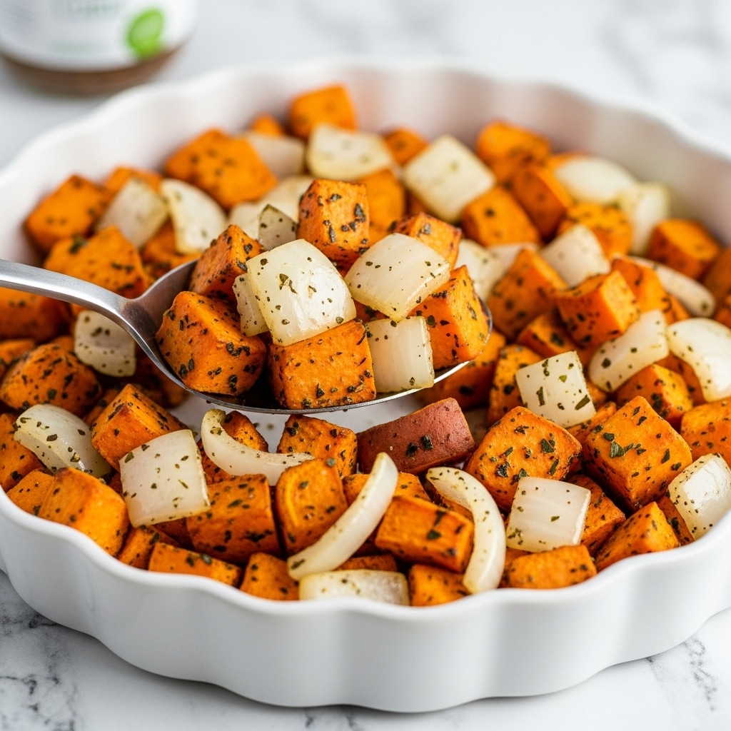 The image shows a white scalloped dish filled with a mix of roasted sweet potato chunks and translucent white onion pieces. The sweet potatoes are cut into medium-sized cubes and have a bright orange color, speckled with green herbs and small black pepper flakes. The onion pieces are scattered evenly among the potatoes, adding a slight shine and contrasting white color. A silver serving spoon is lifting some of the mixture, revealing the soft texture of the ingredients. The dish rests on a white marbled surface with a striped cloth partially visible underneath. Photo taken with an iphone --ar 4:5 --v 7