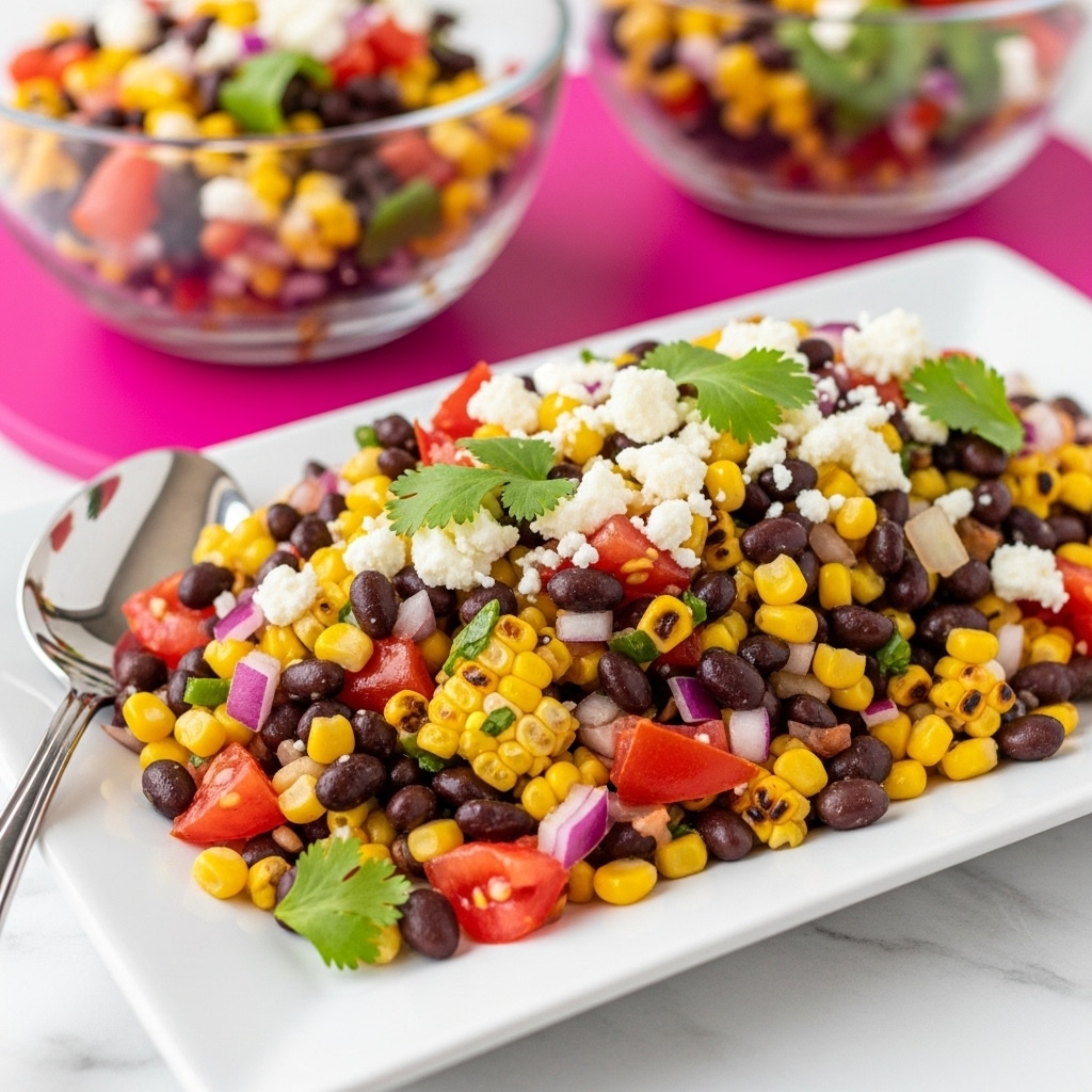 A colorful corn salad piled on a large white rectangular plate, with a mix of yellow corn kernels, black beans, small pieces of red bell pepper, and finely chopped red onion, topped with crumbled white cheese and fresh green cilantro leaves, a silver spoon resting on the side of the plate, with two clear glass bowls holding more of the same salad in the blurred background, all placed on a white marbled surface. photo taken with an iphone --ar 4:5 --v 7