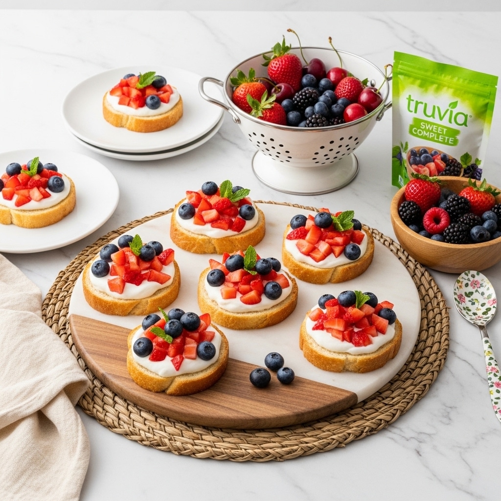 The image shows small toasts arranged on a round marble board and two small white plates on a white marbled table. Each toast has three layers: the bottom layer is golden-brown toasted bread, the middle layer is thick white cream, and the top layer is a mix of small red strawberry pieces, dark purple grapes, and garnished with green mint leaves. In the background, there is a white colander filled with strawberries, blueberries, and cherries, and a wooden bowl with mixed berries and a colorful floral-handled spoon. To the right is a green and white package of Truvia Sweet Complete granulated sweetener. Photo taken with an iphone --ar 4:5 --v 7