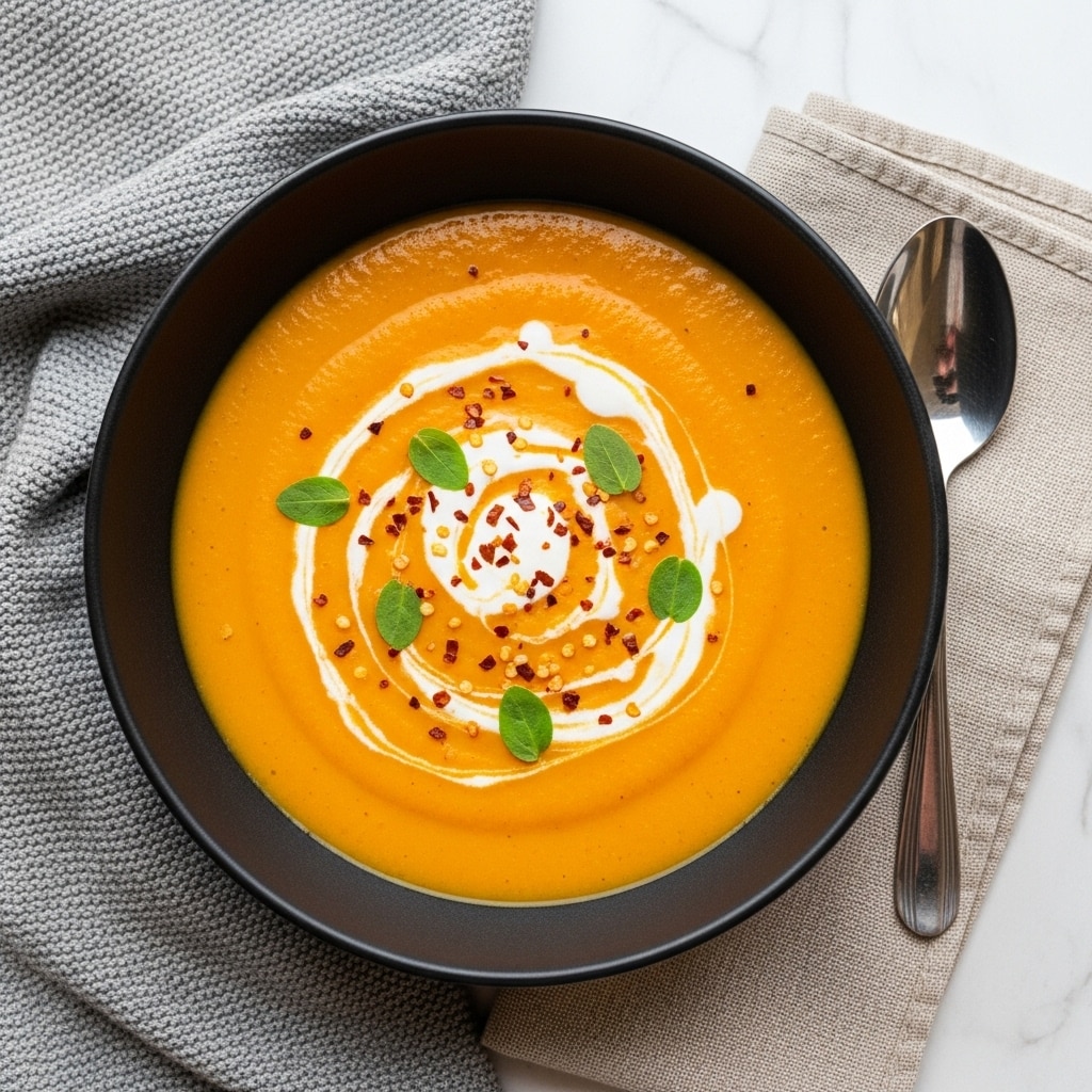 A bowl of smooth orange soup fills a white bowl with a swirl of white cream on top, garnished with small green herb leaves and red chili flakes scattered across the surface. The bowl rests on a white marbled texture covered with a light brown cloth, beside a silver spoon with ornate handle detail. A dark gray textured cloth lies next to the bowl, adding contrast to the warm tones of the soup and soft natural light brightens the scene. Photo taken with an iphone --ar 4:5 --v 7