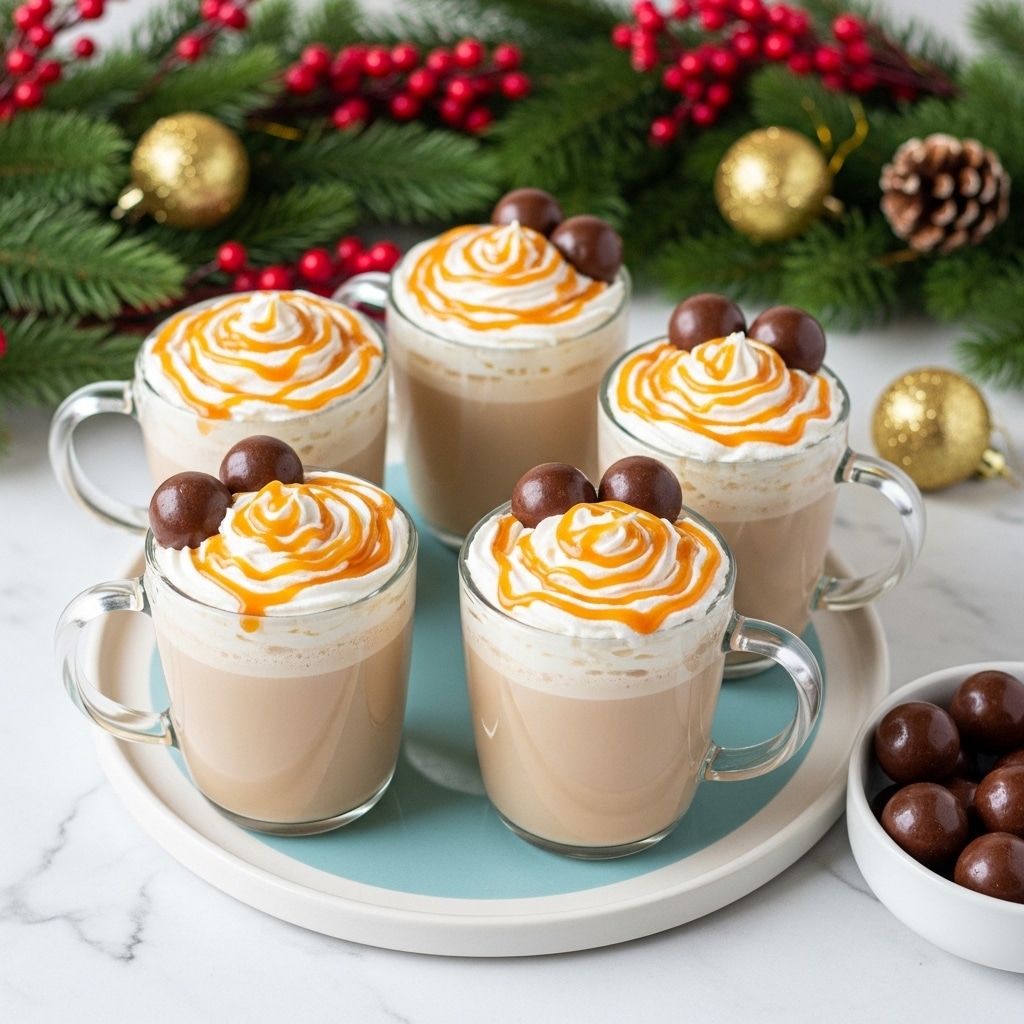 Five clear glass mugs filled with a light brown coffee drink are arranged on a round pale blue and beige plate sitting on a white marbled surface. Each drink has a swirl of white whipped cream on top, drizzled with caramel sauce, and garnished with two dark brown coffee beans. In the background, there is a tall glass jar filled with the same coffee drink. To the right, a small white bowl holds many dark brown chocolate-covered coffee beans. Around the scene are green pine sprigs, red berries, golden ornaments, and white cloth, giving a festive look. photo taken with an iphone --ar 4:5 --v 7