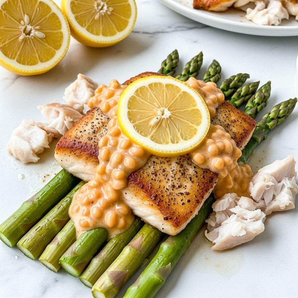 The image shows a crispy cooked fish fillet with a browned, slightly spicy crust placed over a small bed of cooked green asparagus spears. On top of the fish, there is a creamy, light beige sauce with some visible seasoning and two thin lemon slices for garnish. The dish is served on a wooden board with a white marbled background, and there are yellow lemon halves in the background. The overall look is rustic and fresh. Photo taken with an iphone --ar 4:5 --v 7