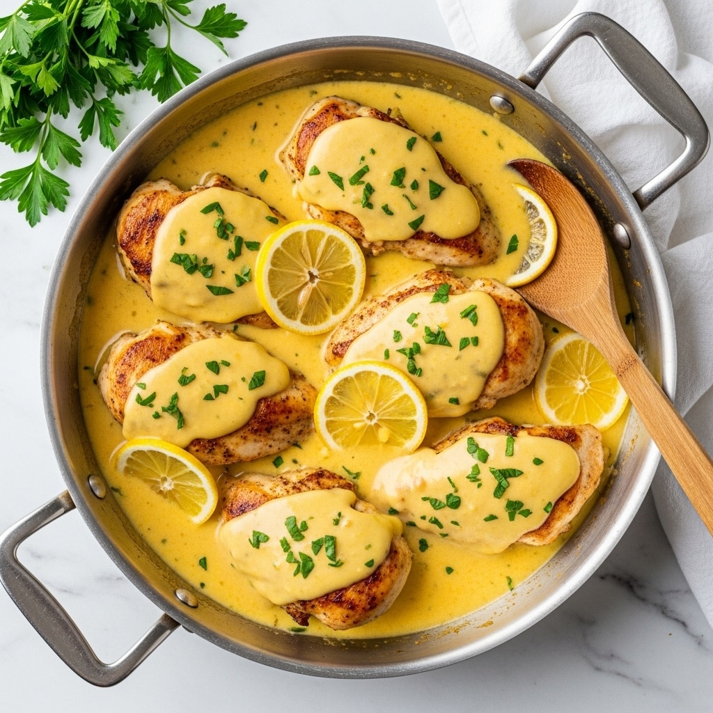 A silver pan filled with five pieces of golden brown cooked chicken breasts, each covered with a creamy light yellow sauce that looks thick and rich. Thin lemon slices are placed on and around the chicken, adding bright yellow accents, while chopped green herbs are sprinkled over the dish for a fresh touch. On the right side of the pan, a wooden spoon rests against the edge. The pan sits on a white marbled surface, and fresh green parsley is visible on the left side. A white cloth is softly folded in the background. photo taken with an iphone --ar 4:5 --v 7