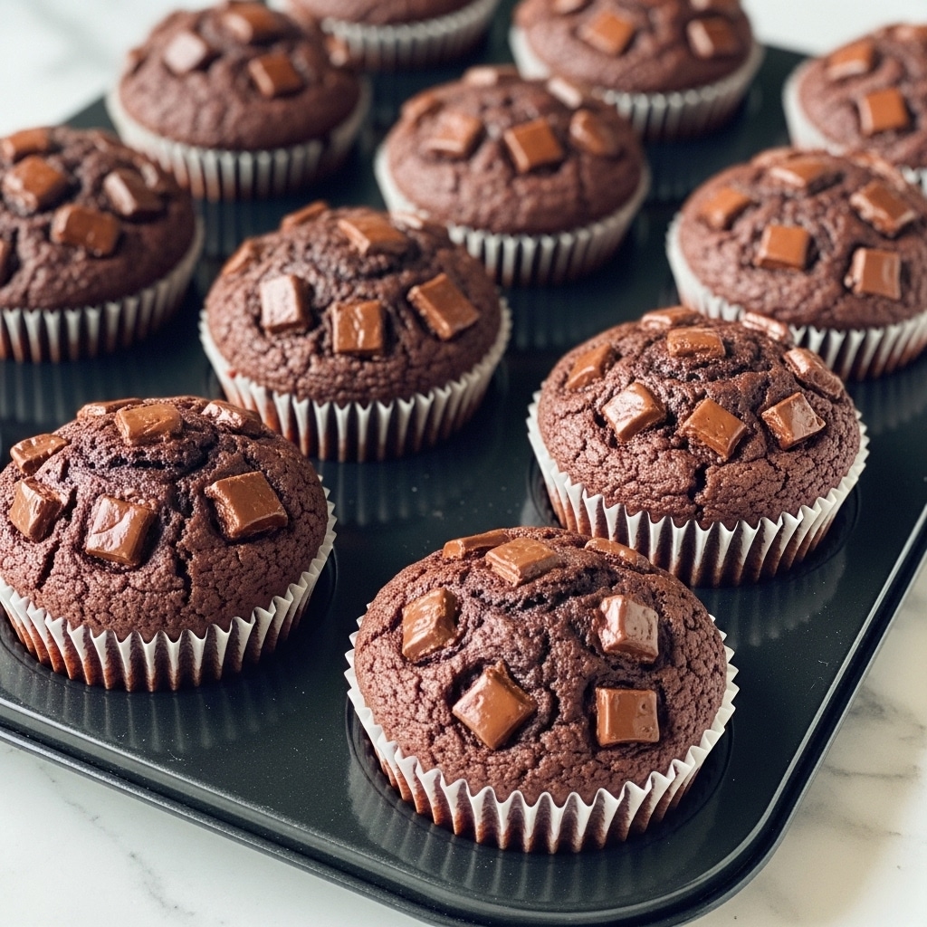 The image shows a close-up of nine chocolate muffins in a baking tray on a white marbled surface. Each muffin has one main layer of rich dark brown chocolate cake with a slightly cracked top, revealing a moist texture inside. On top of each muffin, there are uneven pieces of melted chocolate that add a glossy and textured finish. The baking tray is black with round molds holding each muffin tightly in white paper liners with a red tint. The background is slightly blurred, focusing on the front-row muffins with soft natural lighting highlighting the shiny chocolate pieces and the soft crumb of the muffins. photo taken with an iphone --ar 4:5 --v 7