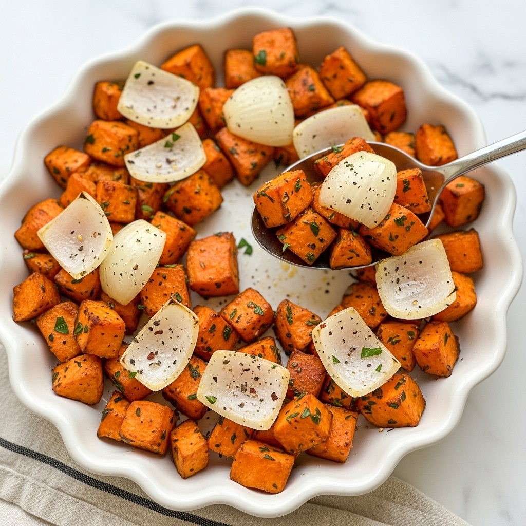 The image shows a white, scalloped-edged dish filled with roasted sweet potato cubes and chunky onion pieces. The sweet potatoes have a bright orange color with visible herbs sprinkled on top, giving a seasoned look. The onions are translucent white and mixed evenly among the sweet potatoes. A metal serving spoon is lifting a mix of these vegetables near the front of the dish. The background shows a white marbled texture under the dish and a faint out-of-focus jar with a green label on the left. photo taken with an iphone --ar 4:5 --v 7