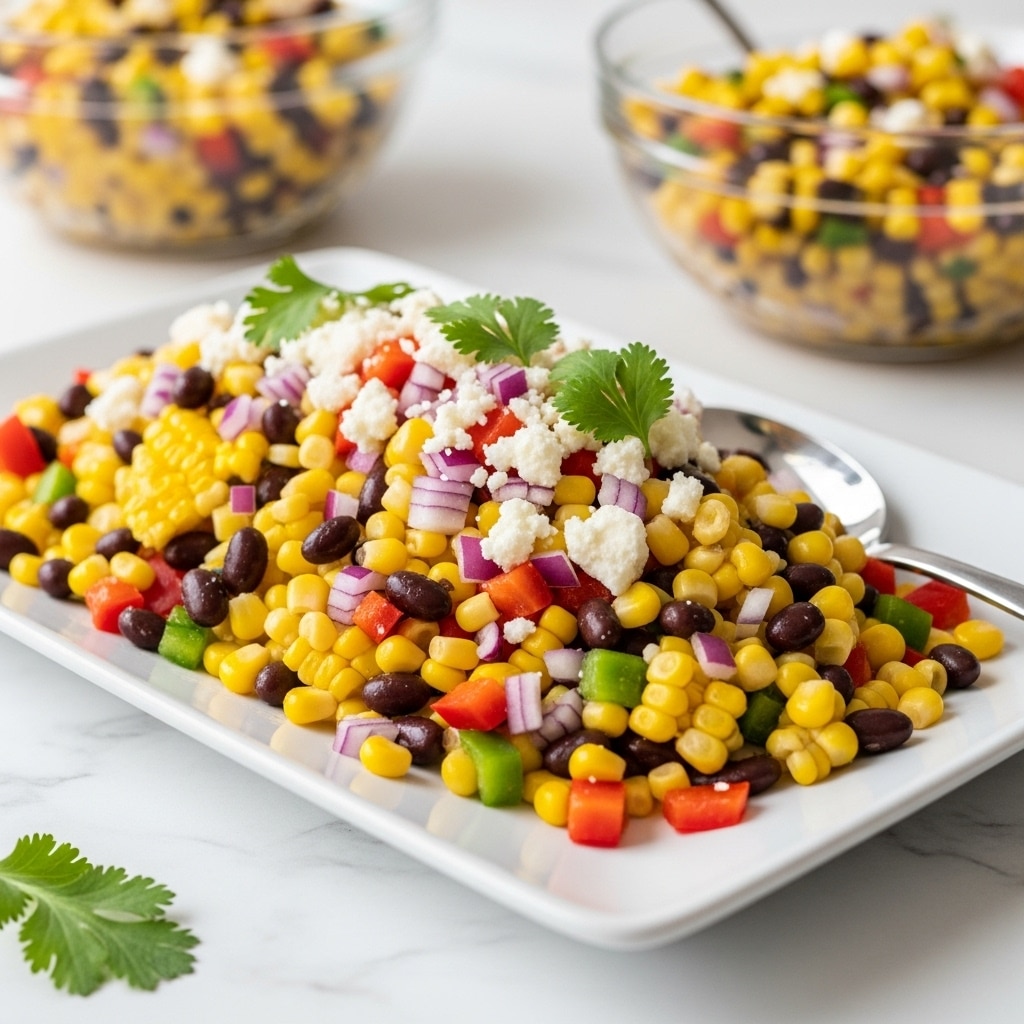 A white rectangular plate is filled with a vibrant mix of roasted corn kernels, black beans, diced red tomatoes, and small pieces of red onion, all topped with crumbled white cheese and fresh green cilantro leaves. The roasted corn shows hints of golden brown, adding texture alongside the shiny black beans and bright chunks of tomato. A silver spoon is placed on the lower left side of the plate, partially under the salad. In the blurred background, two clear glass bowls filled with the same salad sit on a bright pink surface, creating a colorful and fresh presentation. The overall setting rests on a white marbled texture. photo taken with an iphone --ar 4:5 --v 7