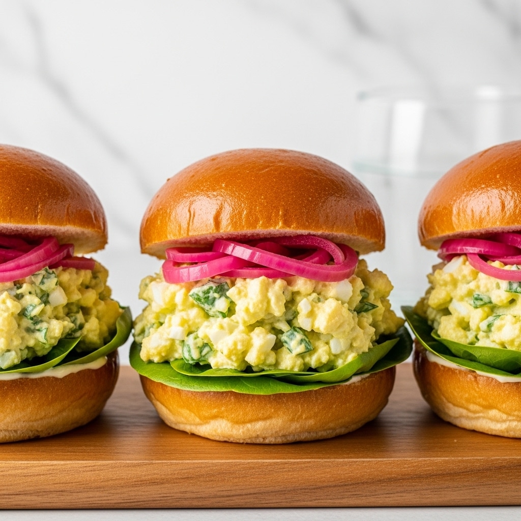 Three small sandwiches are lined up on a wooden board with soft shiny golden brown buns on top and bottom. Inside each sandwich, the bottom layer is a crisp green leaf of lettuce, followed by a thick scoop of creamy, pale yellow egg salad with green herb specks. On top of the egg salad, there are thin rings of bright pink pickled onions arranged neatly, and then the top bun covers everything. The sandwiches rest on a white marbled surface, with a white bowl of more egg salad blurred in the background and a clear glass of water nearby. photo taken with an iphone --ar 4:5 --v 7
