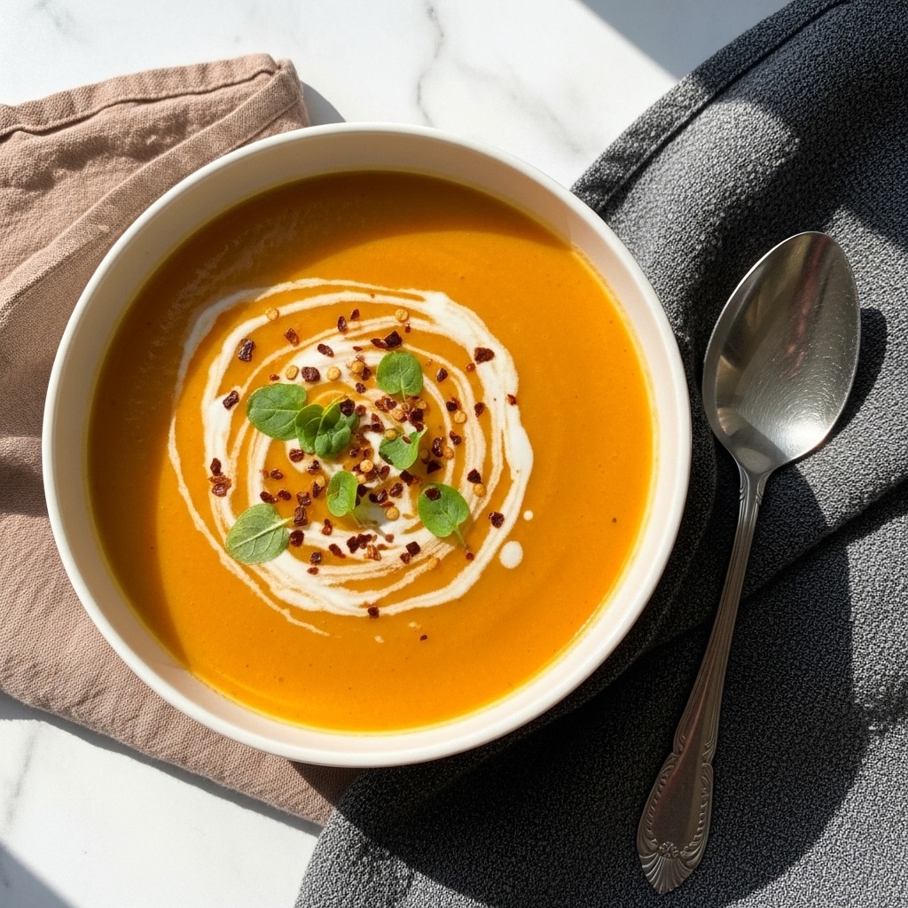A deep bowl filled with smooth, bright orange soup, topped with a swirl of white cream in the center. Small green herb leaves and red chili flakes are scattered over the cream, adding specks of color. The bowl sits on a textured beige cloth with a silver spoon placed nearby, all set on a white marbled surface. A grey knitted fabric is partially visible to the left, adding softness to the scene. photo taken with an iphone --ar 4:5 --v 7