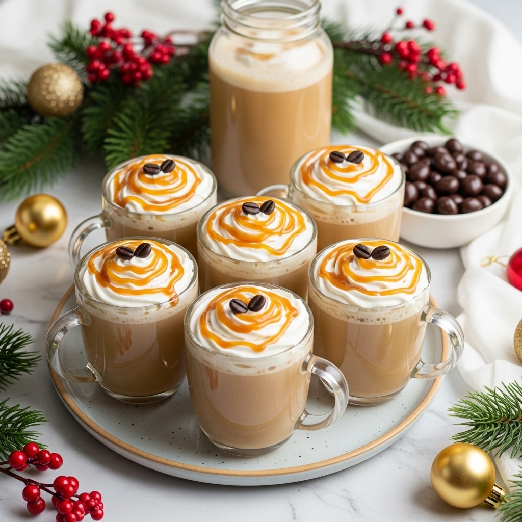 The image shows five clear glass mugs filled with a creamy light brown drink, each topped with a swirl of white whipped cream, drizzled with golden caramel sauce, and garnished with two or three dark brown round chocolates. The mugs are arranged on a round white plate with a pale blue center on a white marbled surface. In the background, there are festive green pine branches and red berries, along with gold ornaments, adding a holiday feel. To the side, a white bowl holds more dark brown round chocolates, complementing the drink toppings. photo taken with an iphone --ar 4:5 --v 7