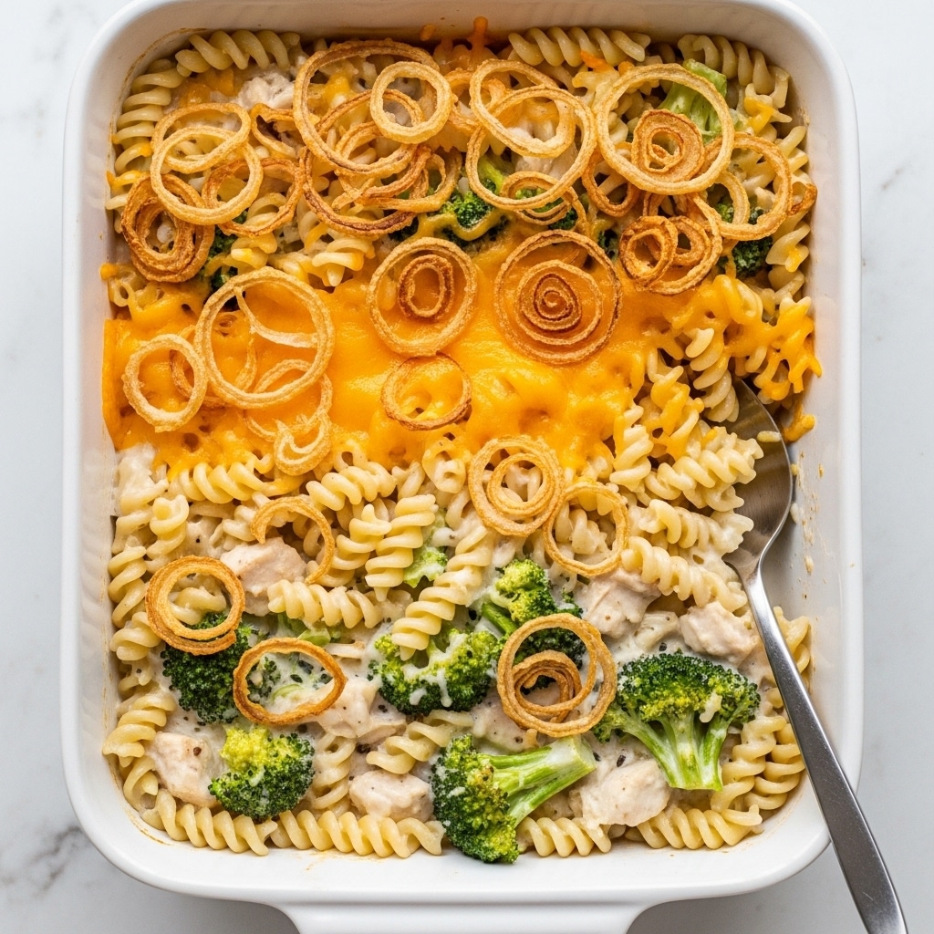 A close-up view of a baked pasta dish in a white ceramic pan, showing three main layers: the bottom layer made of creamy white sauce mixed with spiral pasta and small broccoli florets, the middle layer covered with melted bright yellow cheddar cheese, and the top layer sprinkled with crispy golden-brown fried onion rings. A silver spoon scoops some pasta, revealing the creamy texture underneath. The background is a white marbled surface. Photo taken with an iphone --ar 4:5 --v 7