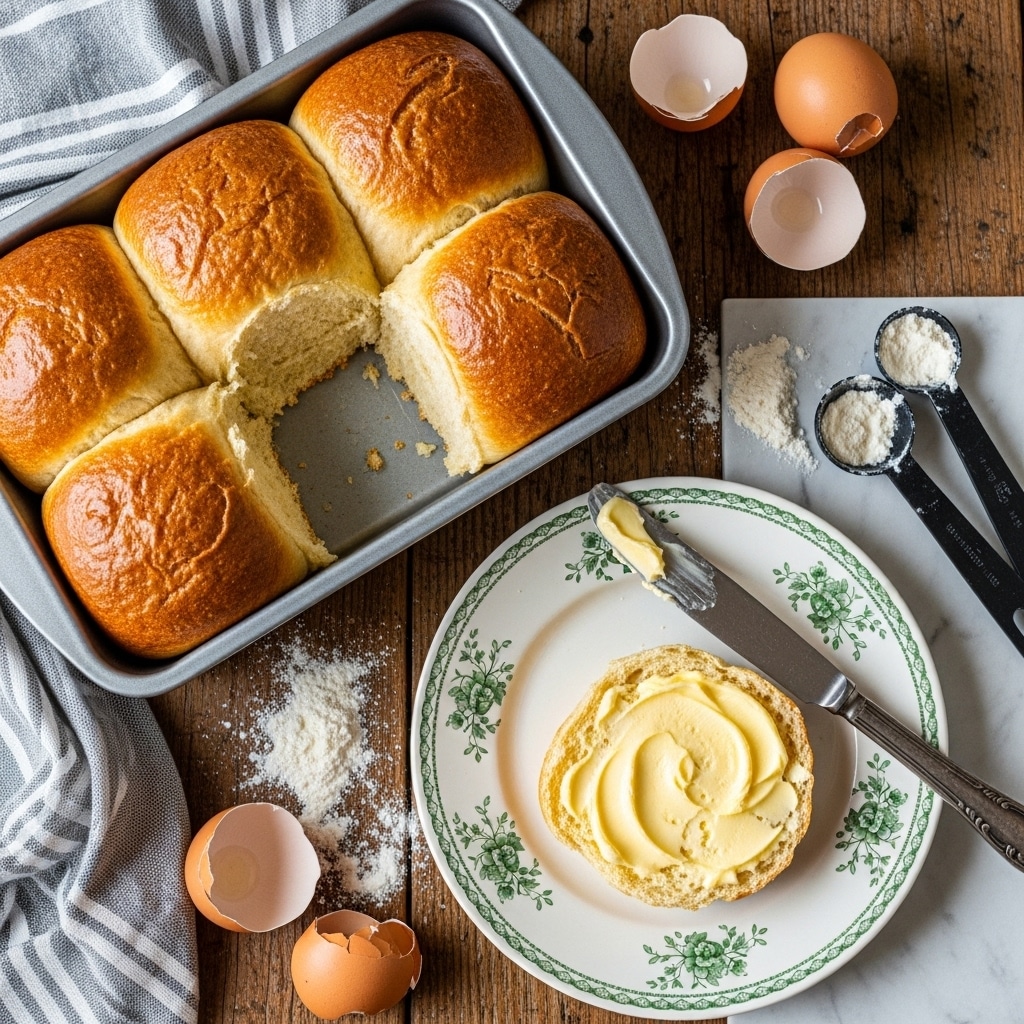 The image shows a small loaf of golden brown bread in a metal baking pan, with one roll missing in the middle, revealing a soft, light beige inside. In front of the pan, a white plate with a blue floral pattern holds a single bread roll cut and spread thickly with bright yellow butter. A metal butter knife with butter on its blade rests on the plate beside the roll. The rustic scene includes cracked brown eggshells and scattered white flour on a dark wooden table, all placed on a white marbled texture. photo taken with an iphone --ar 4:5 --v 7