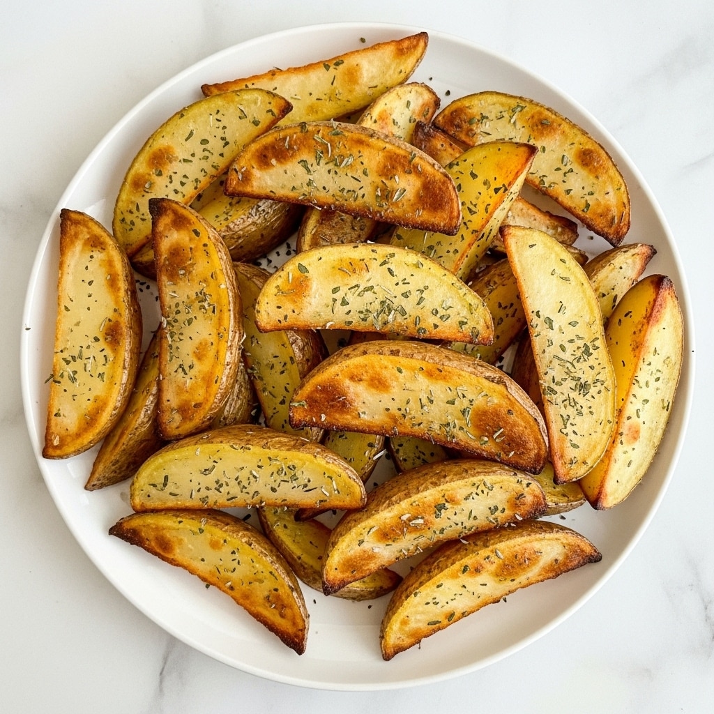 The image shows a white plate with thinly sliced potato wedges cooked to a golden brown and light yellow color. The wedges are sprinkled with green herbs, which add texture and a touch of color contrast. The potatoes appear crispy on the edges while soft on the inside, arranged casually but covering most of the plate. The plate is set on a white marbled surface. photo taken with an iphone --ar 4:5 --v 7