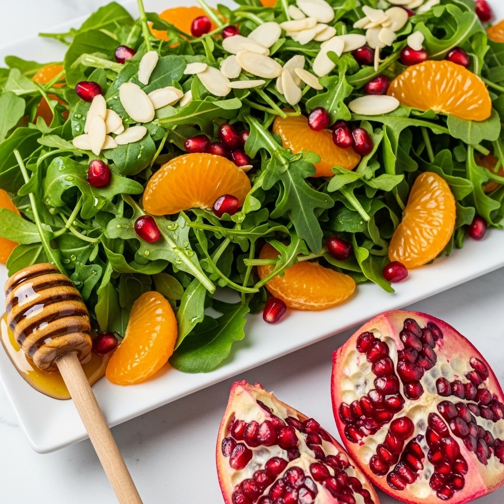 A white rectangular plate holds a fresh salad made of bright green leafy arugula spread across the plate, layered with shiny orange mandarin segments and deep red pomegranate seeds scattered on top and around. There are thin, pale almond slices sprinkled throughout the salad, adding texture. In the front right corner, there is a cluster of glossy red pomegranate seeds still on part of the fruit. Next to it on the plate's edge lies a wooden honey dipper, with golden honey dripping from it onto the white plate. The whole scene is set on a white marbled surface. photo taken with an iphone --ar 4:5 --v 7